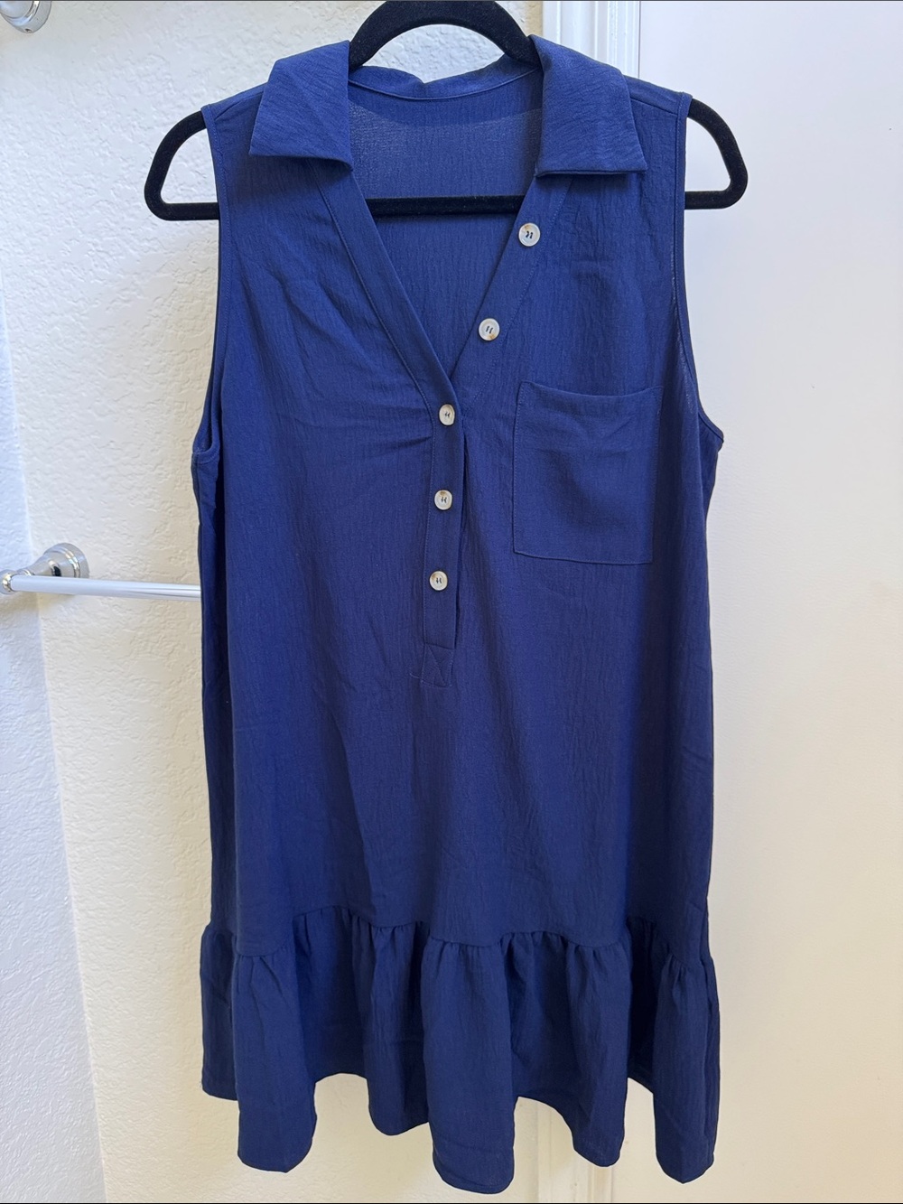 Navy Sleeveless Button Polo Dress with Ruffle Hem